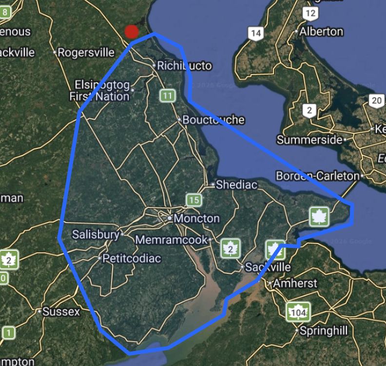 Map of Rachel Nevers' real estate service area across southeastern New Brunswick, including Moncton, Riverview, Dieppe, Shediac and surrounding communities